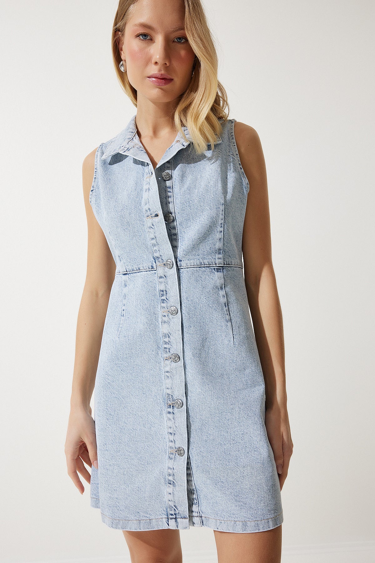 Buz Mavi Kolsuz Mini Denim Elbise AN00185