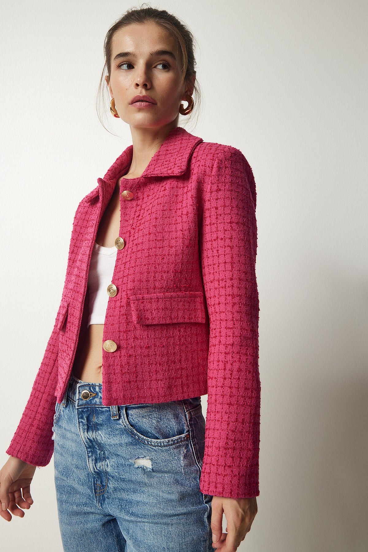 Pembe Tüvit Crop Ceket TO00039