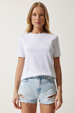 Beyaz Bisiklet Yaka Basic Örme T-Shirt UB00229