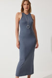 Füme Halter Yaka Yazlık Çelik Örme Uzun Elbise BP00159