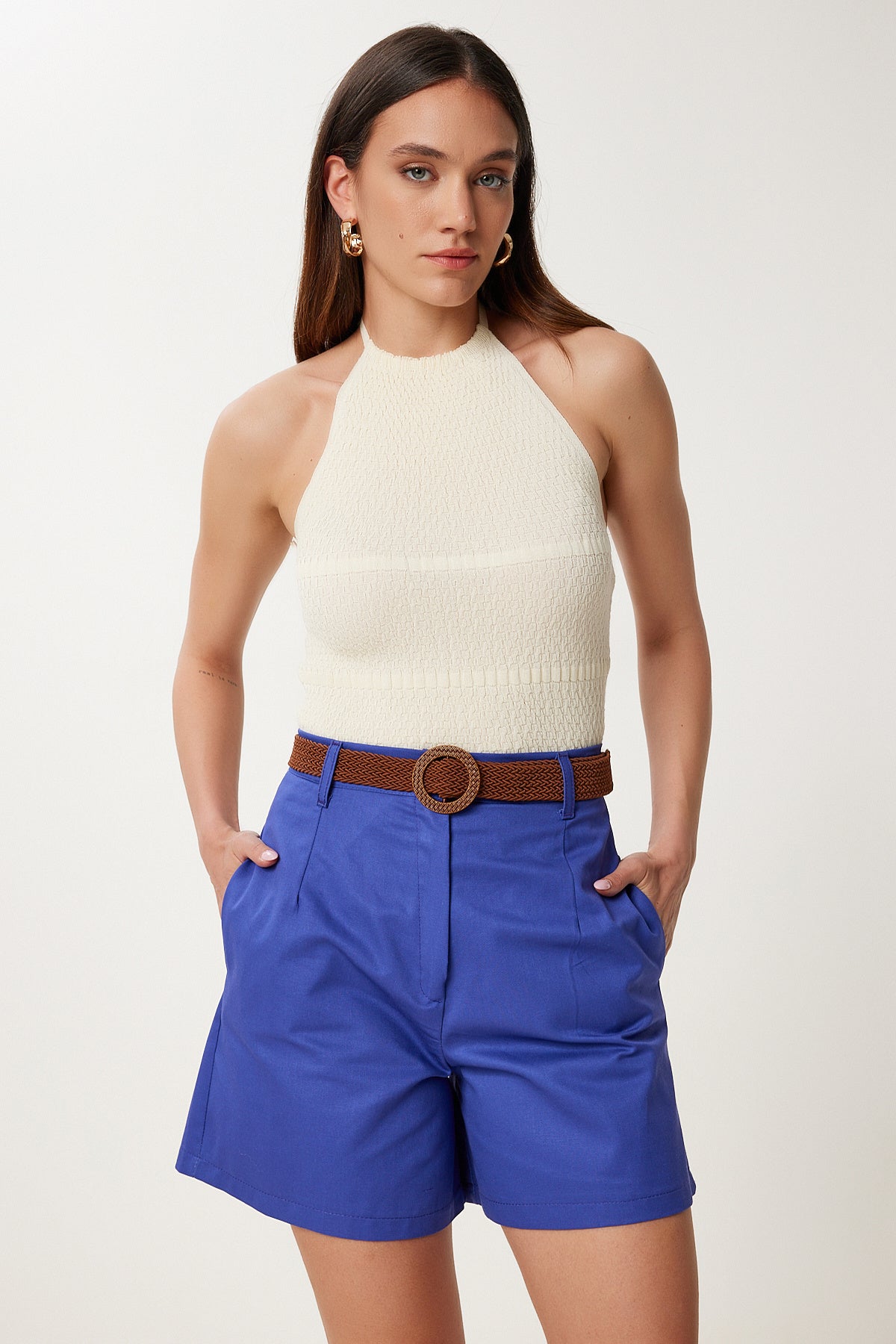 Mor Kemerli Şehir Boy Gabardin Şort DF00014