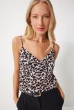 Siyah Bej Leopar Desenli Degaje Yaka Sandy Bluz RX00052