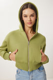 Fıstık Yeşili Kapüşonlu Şardonlu Fermuarlı Sweatshirt OW00051