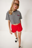 Siyah Çizgili Nakışlı Pamuklu Crop Örme T-Shirt CR00495