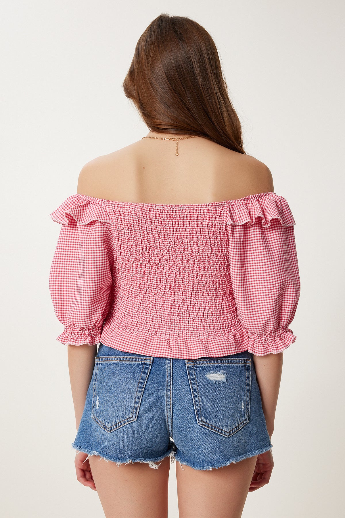 Pembe Kareli Esnek Crop Dokuma Bluz TP00070