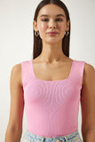 Pembe Kare Yaka Triko Crop Bluz US00358