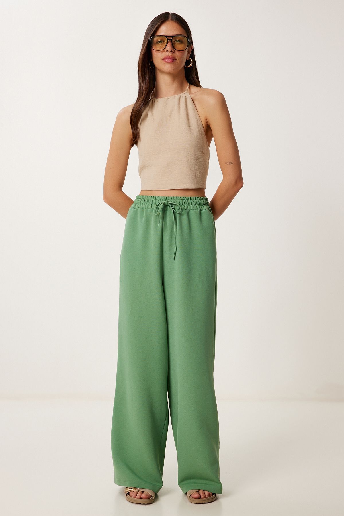Çağla Yeşili Geniş Paça Keten Pantolon DP00261