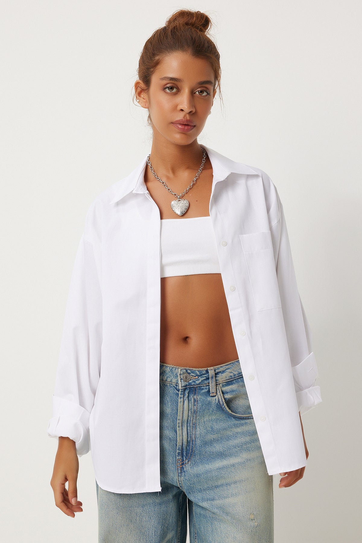 Beyaz Cepli Oversize Gömlek  FN03248