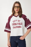 Bordo Beyaz Sloganlı Pamuklu Örme T-Shirt CR00462