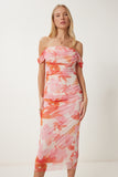 Oranj Pembe Drapeli Desenli Midi Elbise UB00338