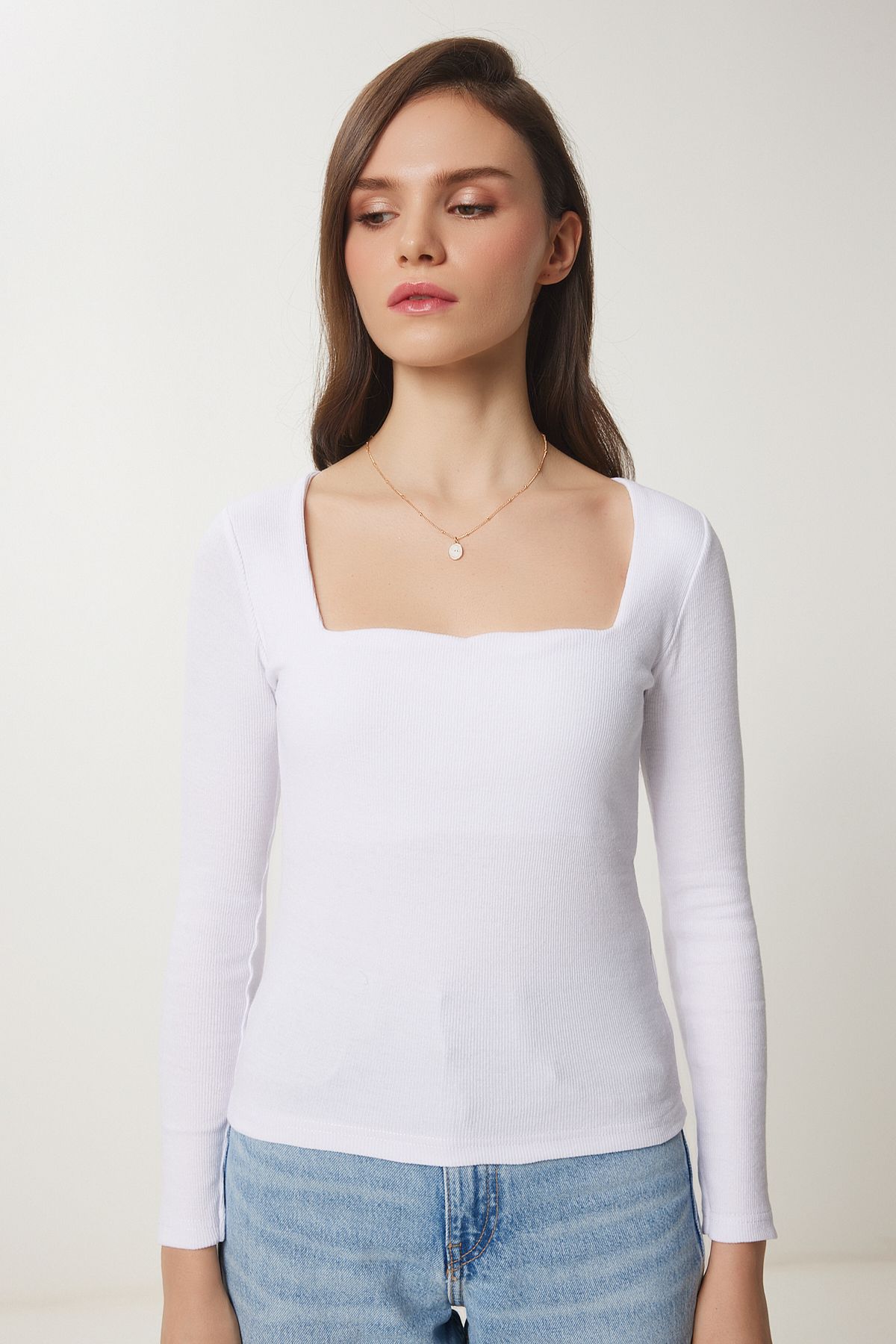 Kırmızı Beyaz 2'Li Kalp Yaka Fitilli Örme Bluz GT00231