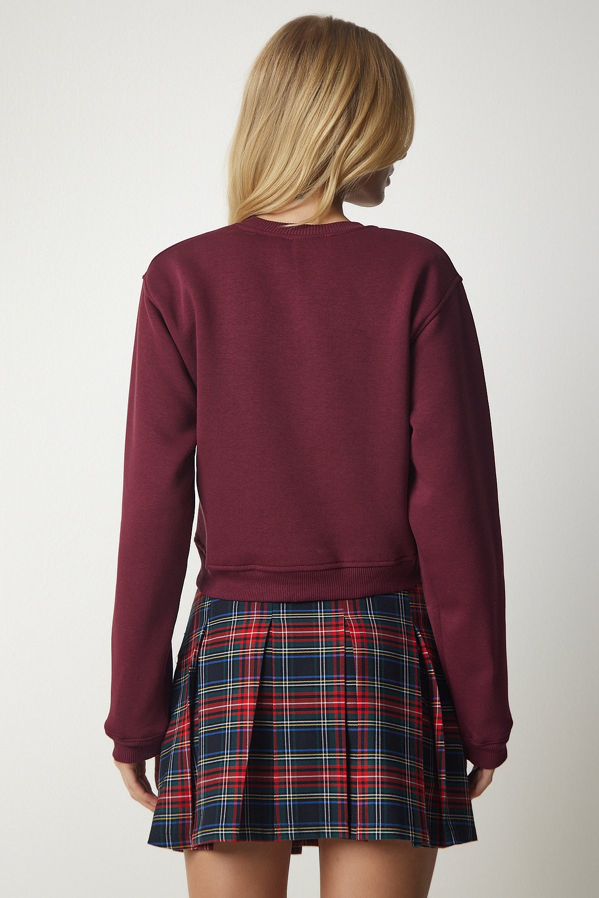 Bordo Şardonlu Crop Sweatshirt UB00178