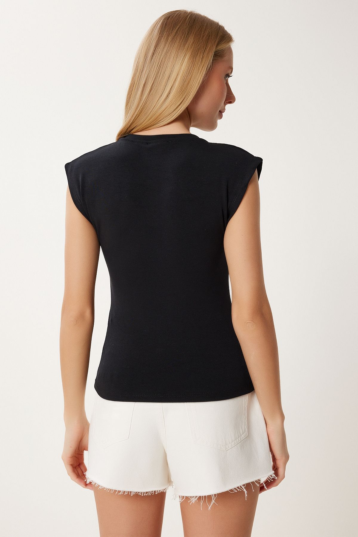 Siyah Kolsuz Esnek Örme T-Shirt ZV00307