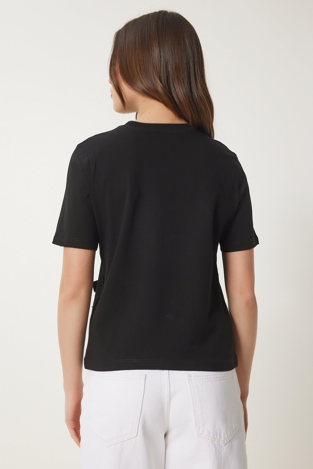 Siyah Fiyonklu Pamuklu Örme T-Shirt CR00453