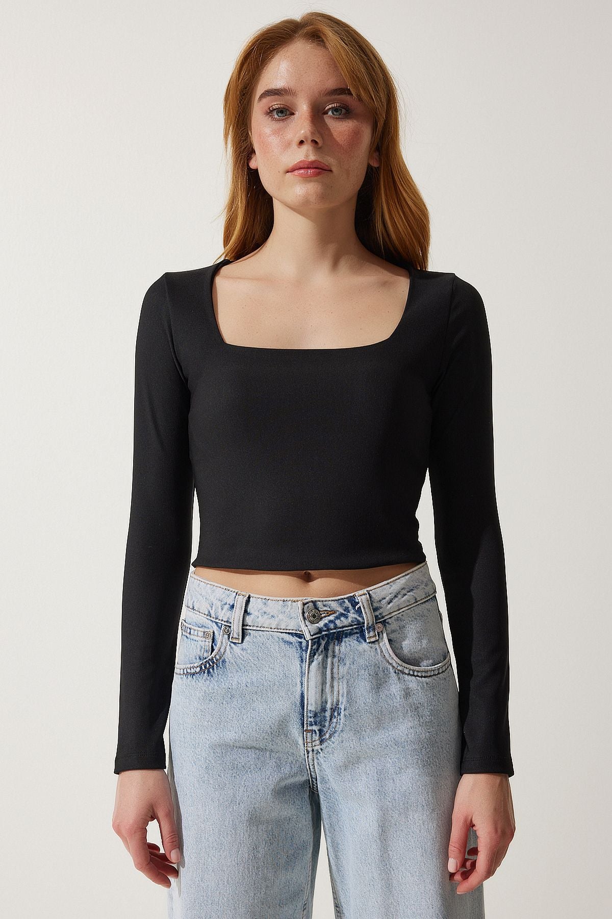Siyah Kare Yaka Fitilli Crop Örme Bluz AN00176