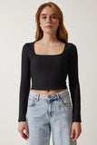 Siyah Kare Yaka Fitilli Crop Örme Bluz AN00176
