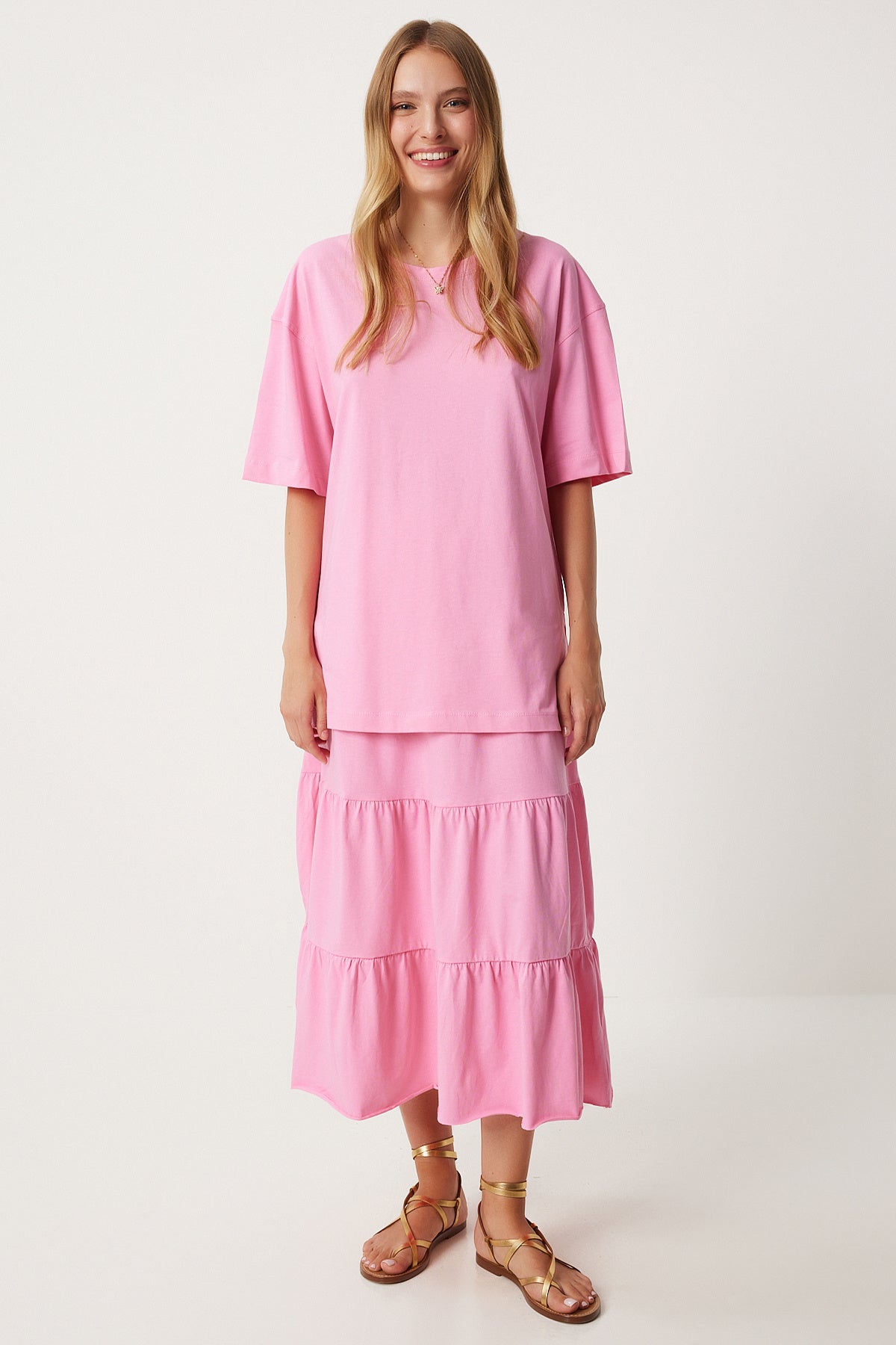 Pembe Oversize T-Shirt Volanlı Örme Etek Takım UB00291