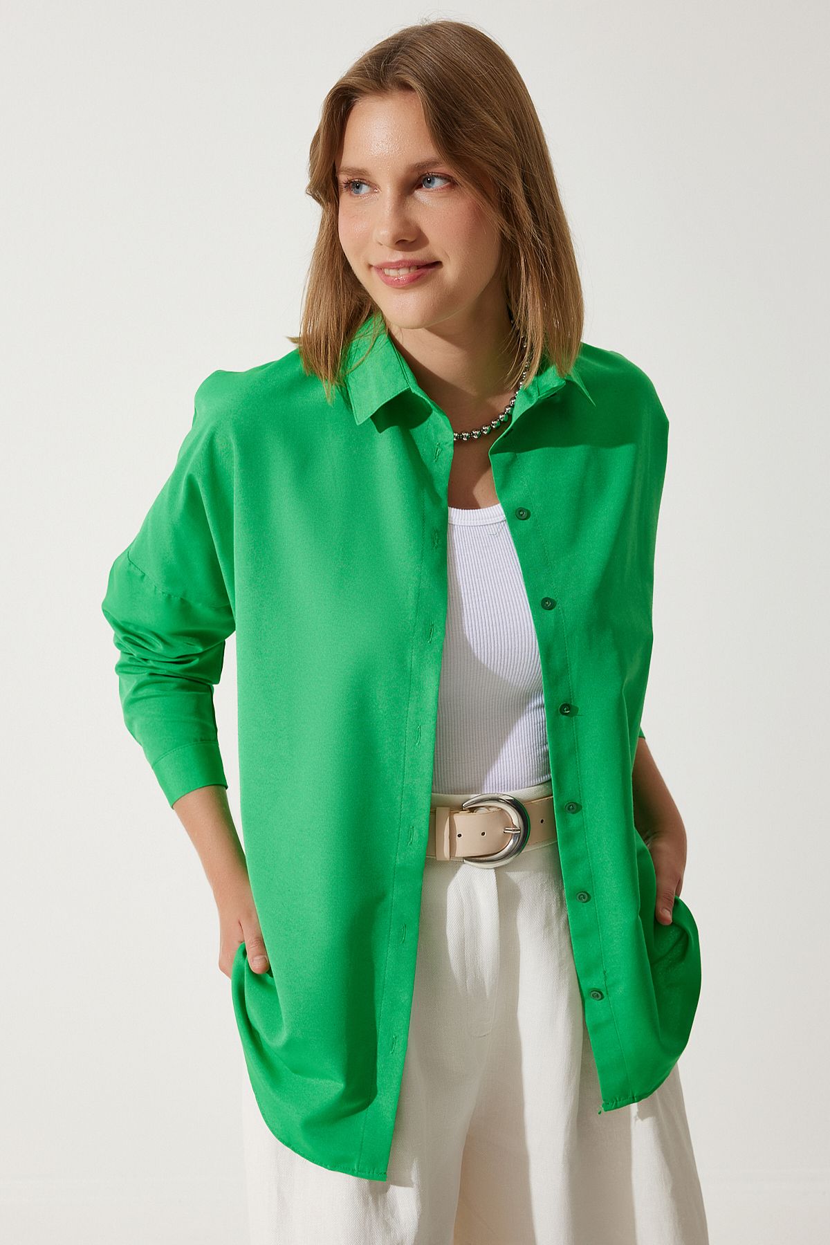 Koyu Yeşil Oversize Uzun Basic Gömlek  DD00842