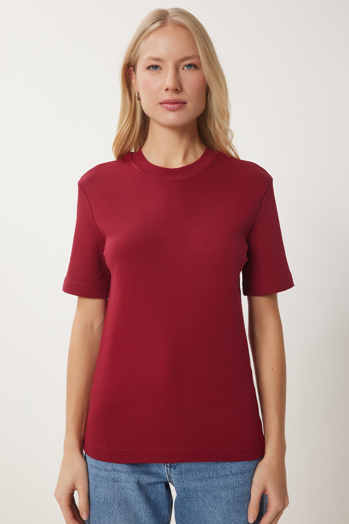 Bordo Beyaz 2'Li Paket Pamuklu Basic Örme T-Shirt AG00002