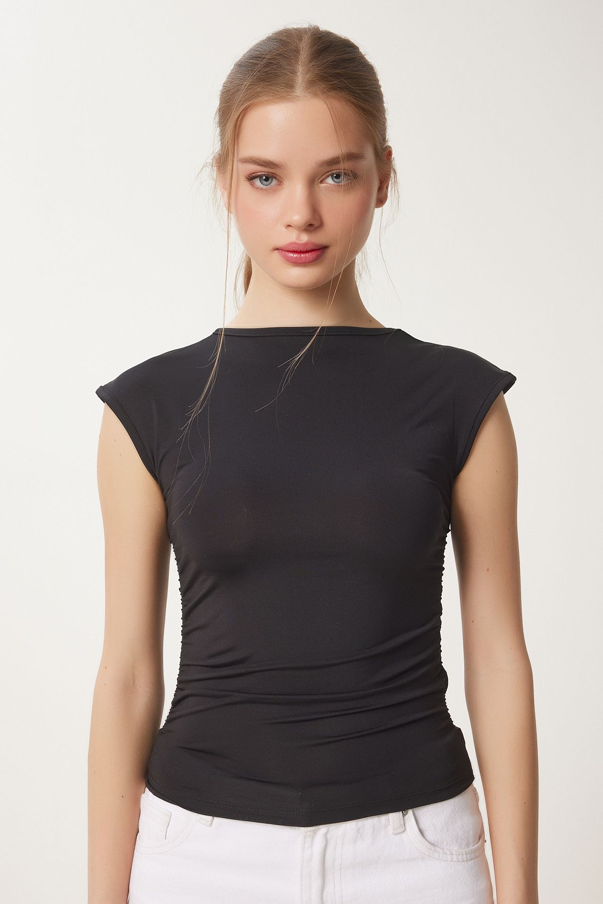 Siyah Büzgülü Sandy Crop Bluz AN00229