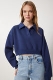 Lacivert Polo Yaka Şardonlu Crop Örme Sweatshirt HW00014