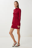 Bordo Büzgülü Esnek Mini Örme Elbise UB00474