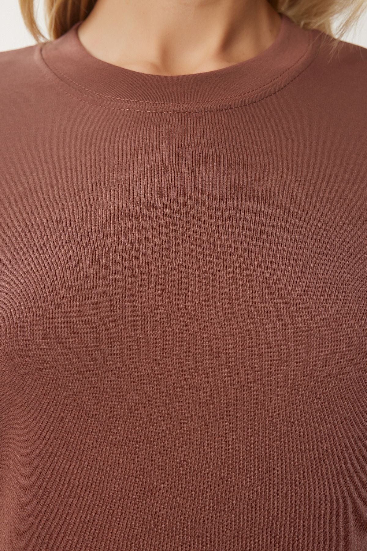 Kahverengi Pamuklu Basic Örme T-Shirt AG00001
