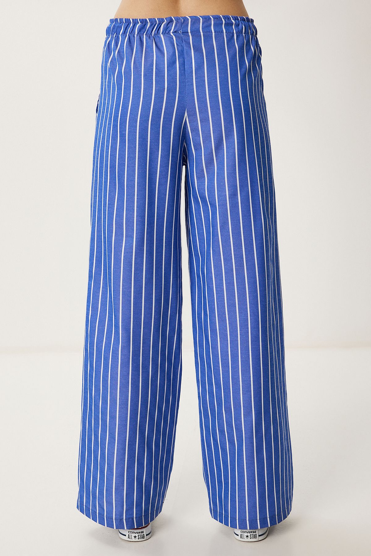 Koyu Mavi Çizgili Geniş Paça Yazlık Pantolon PB00035
