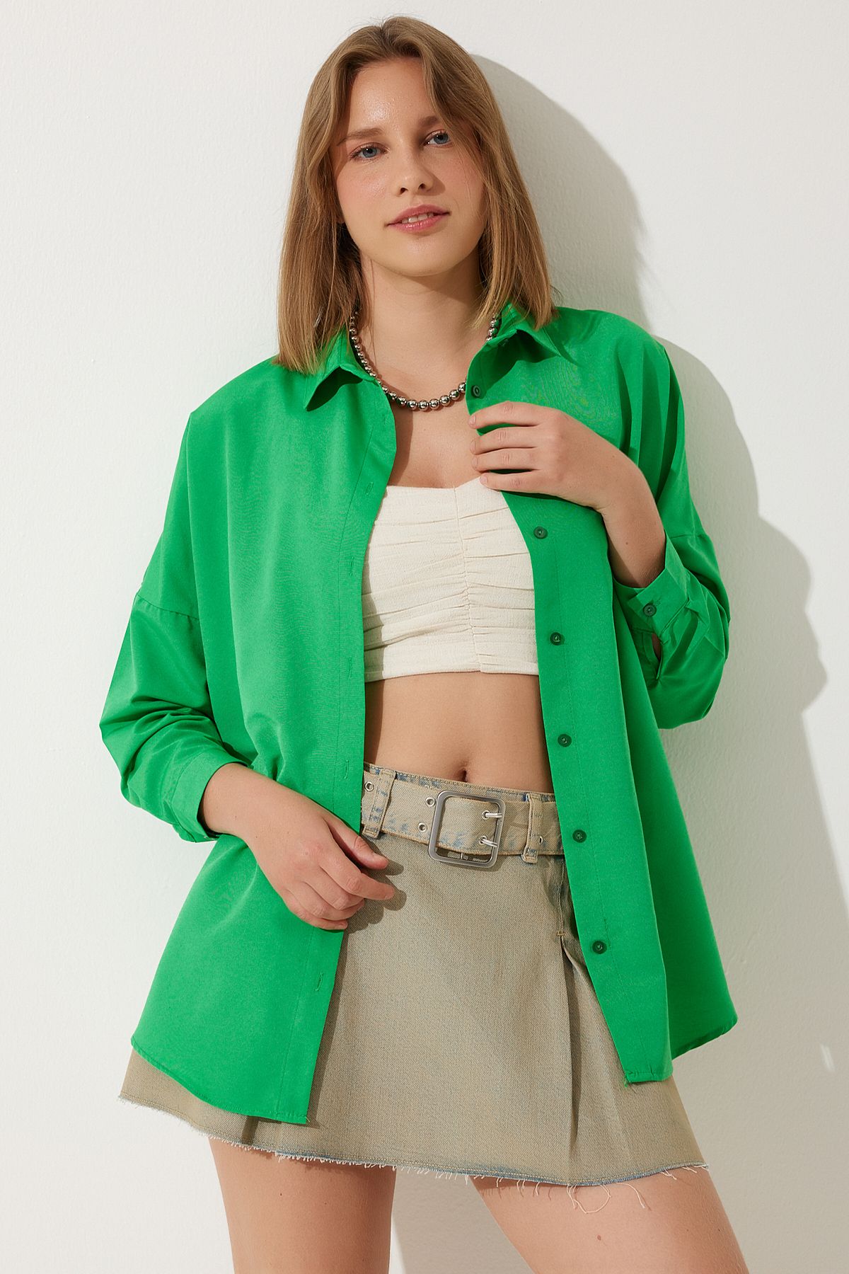 Koyu Yeşil Oversize Uzun Basic Gömlek  DD00842