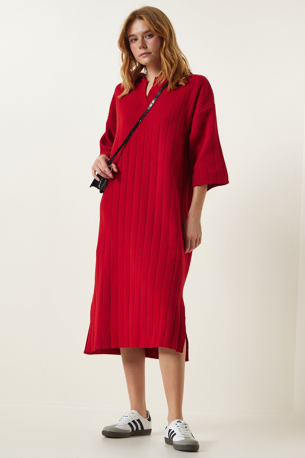 Kırmızı Polo Yaka Oversize Triko Elbise YY00178