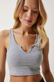 Gri Askılı Crop Örme Bluz OW00030