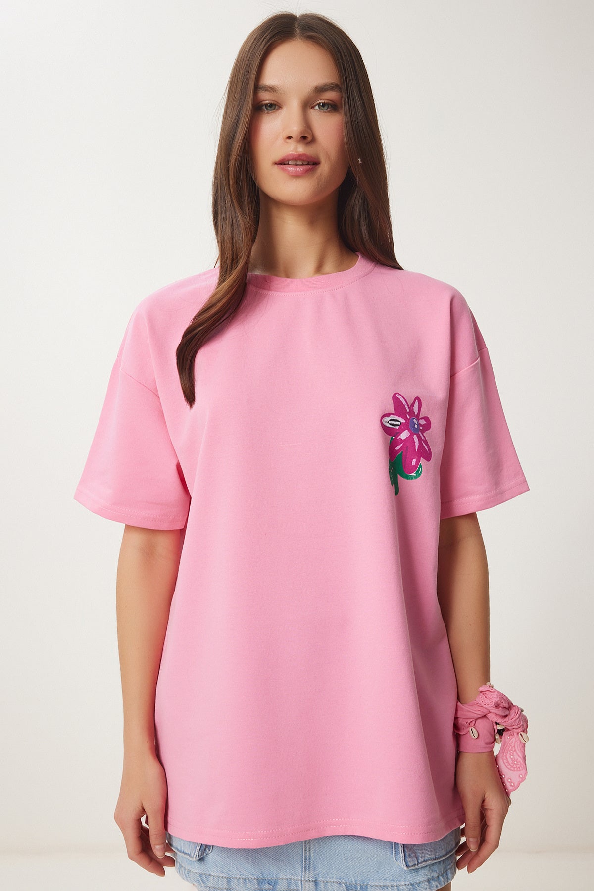 Pembe Çiçek Baskılı Oversize Örme T-Shirt ZV00282