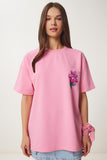 Pembe Çiçek Baskılı Oversize Örme T-Shirt ZV00282