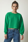 Yeşil Bisiklet Yaka Şardonlu Crop Örme Sweatshirt BF00085