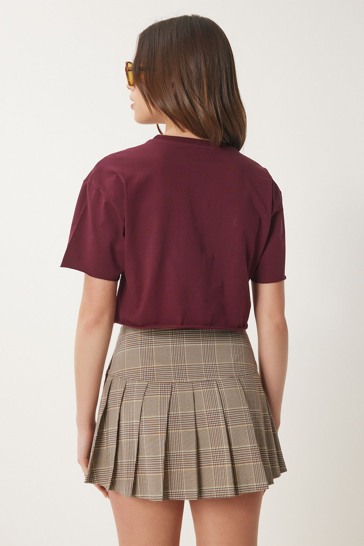 Bordo Pamuklu Crop Örme T-Shirt CR00443