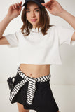 Beyaz Pamuklu Crop Örme T-Shirt CR00443
