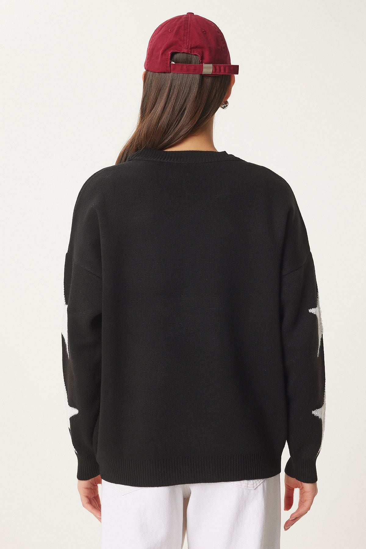 Siyah Yıldız Nakışlı Oversize Triko Kazak VN00023