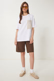 Beyaz Oversize Nakış Cepli Örme T-Shirt ZV00277