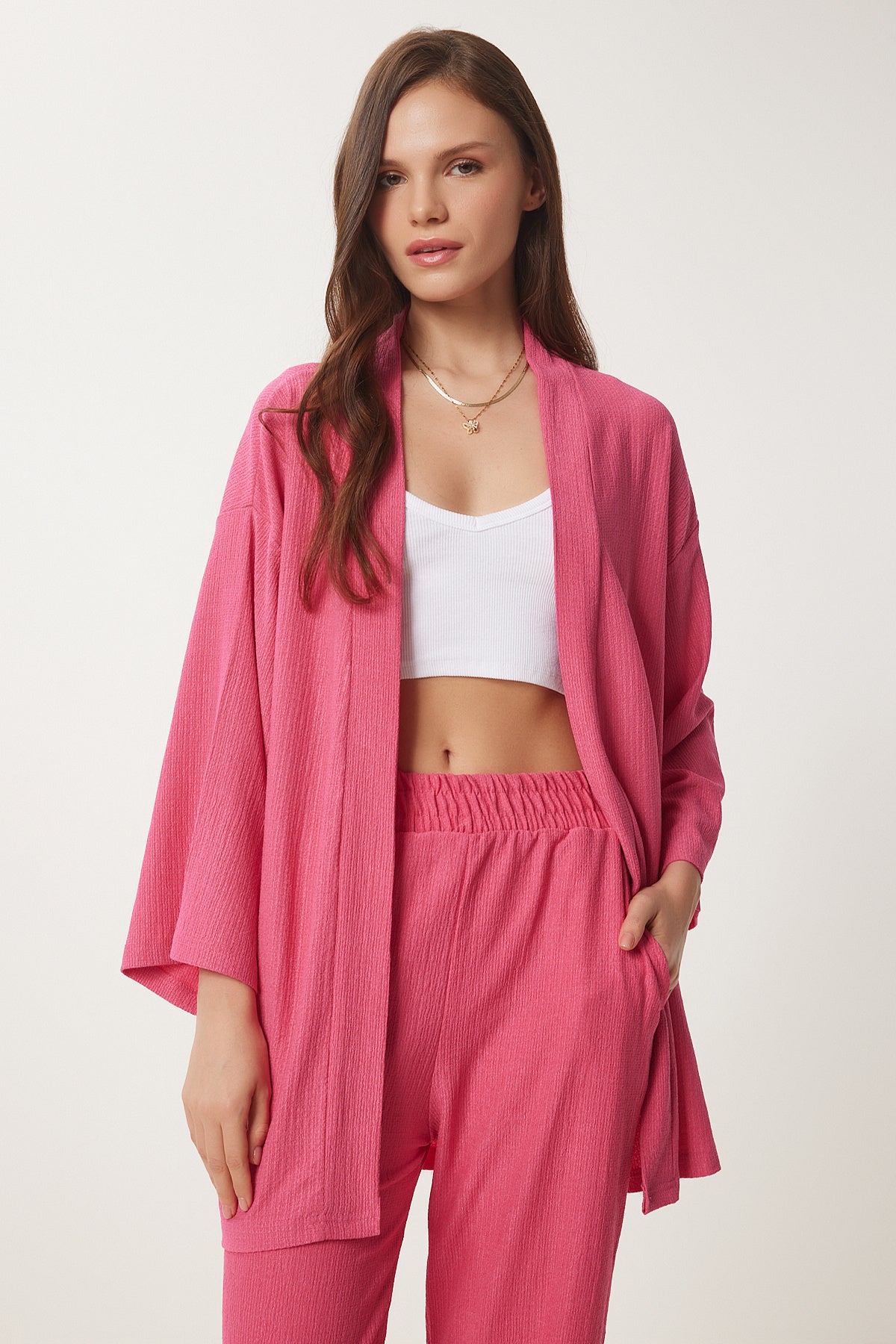 Koyu Pembe Kimono Pantolon Örme Takımı BY00050