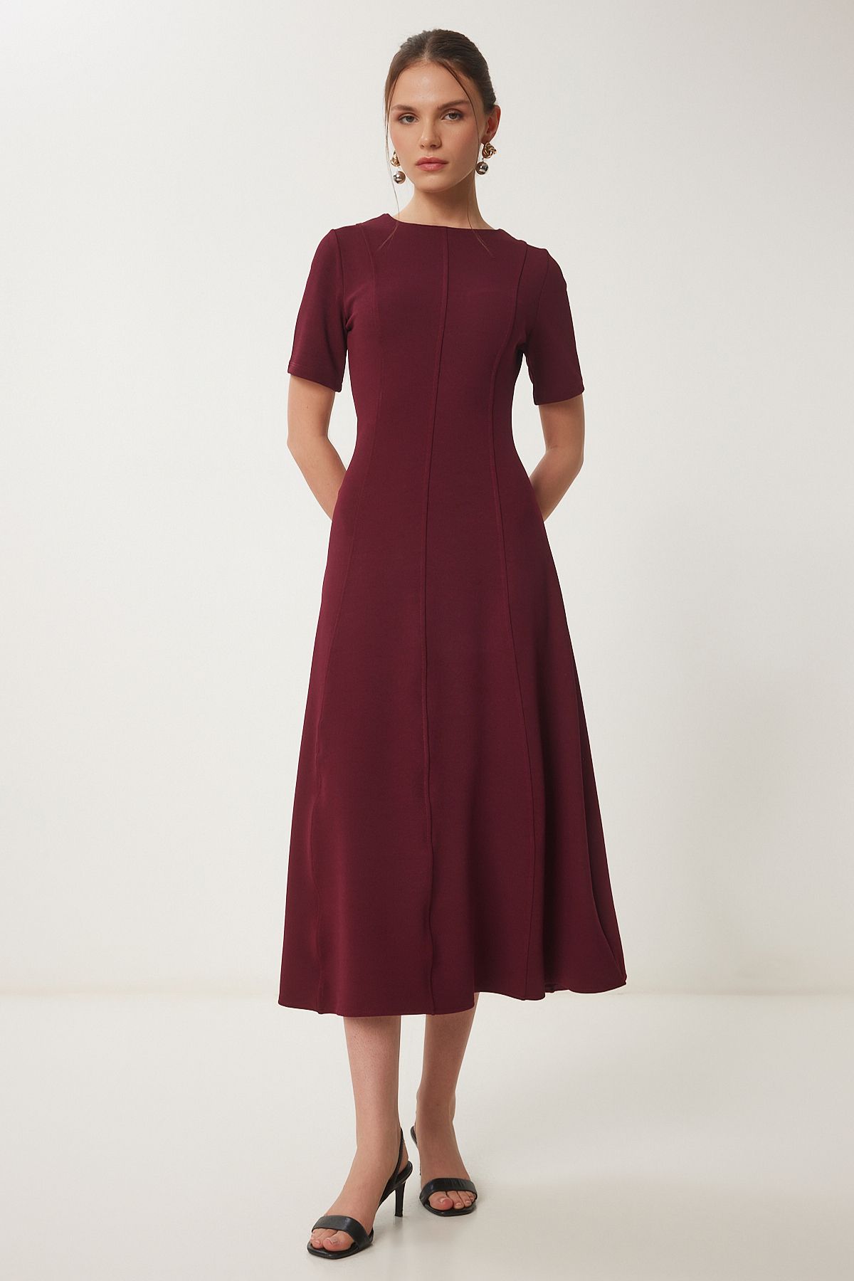 Bordo Kloş Midi Yazlık Örme Elbise ZH00047