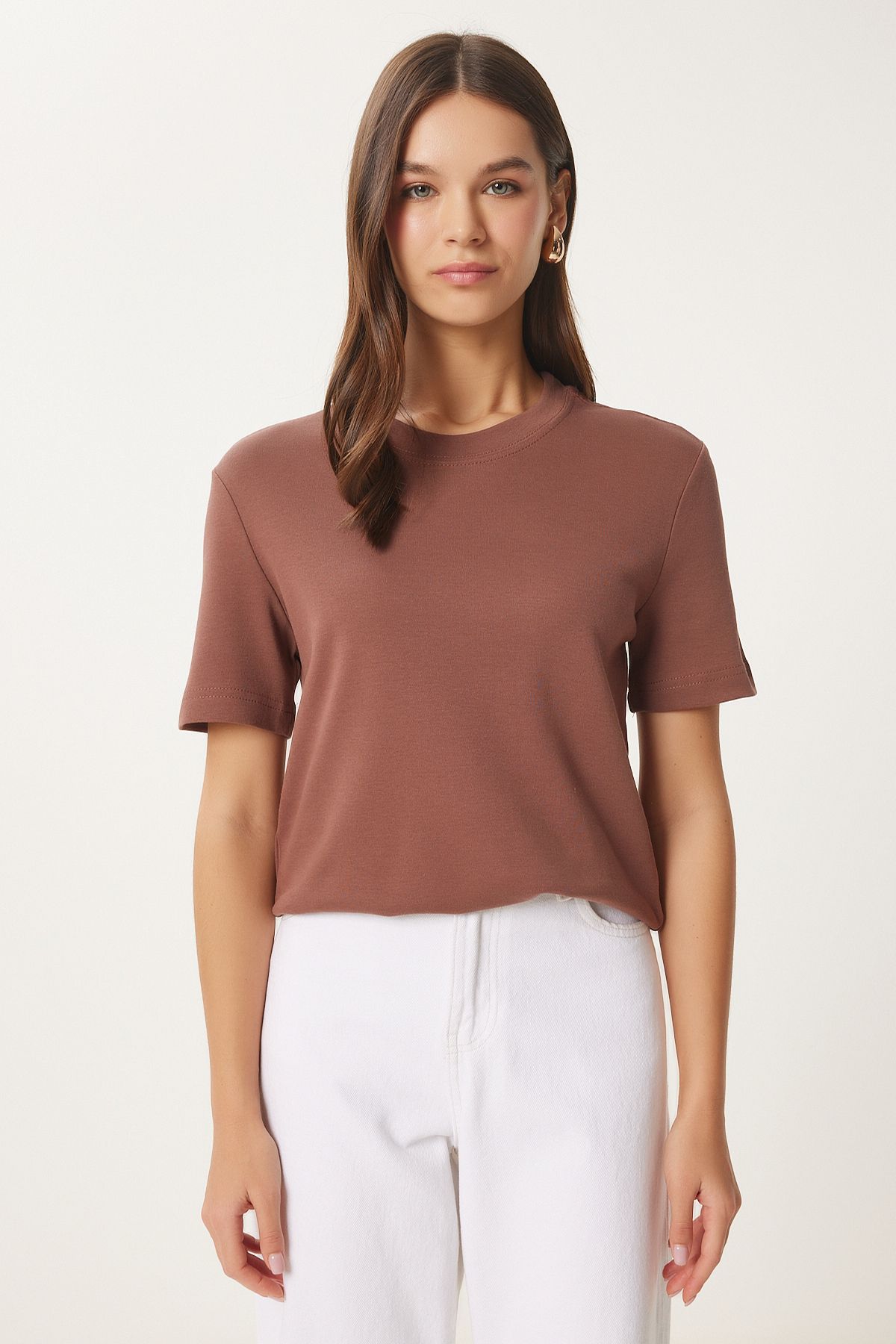 Bordo Kahverengi 2'Li Paket Pamuklu Basic Örme T-Shirt AG00002