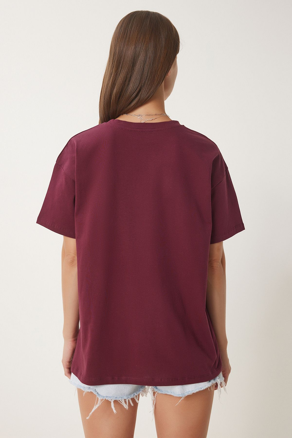 Bordo Ayıcık İşlemeli Pamuklu Örme T-Shirt CR00485