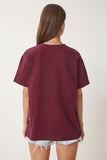 Bordo Ayıcık İşlemeli Pamuklu Örme T-Shirt CR00485