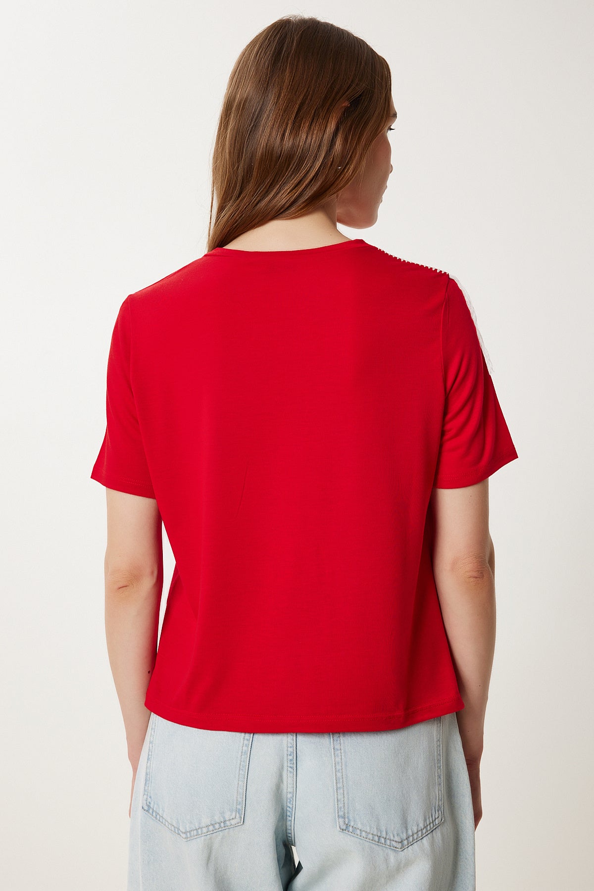 Kırmızı Kontrast Dikiş Detaylı Örme T-Shirt TP00087