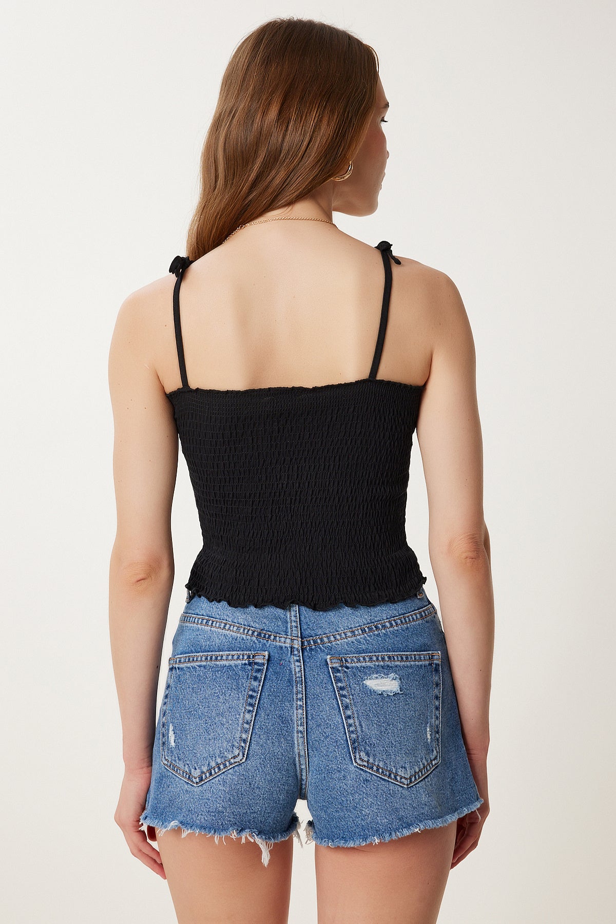 Siyah Beyaz 2’Li Paket Askılı Esnek Crop Örme Bluz WF00157