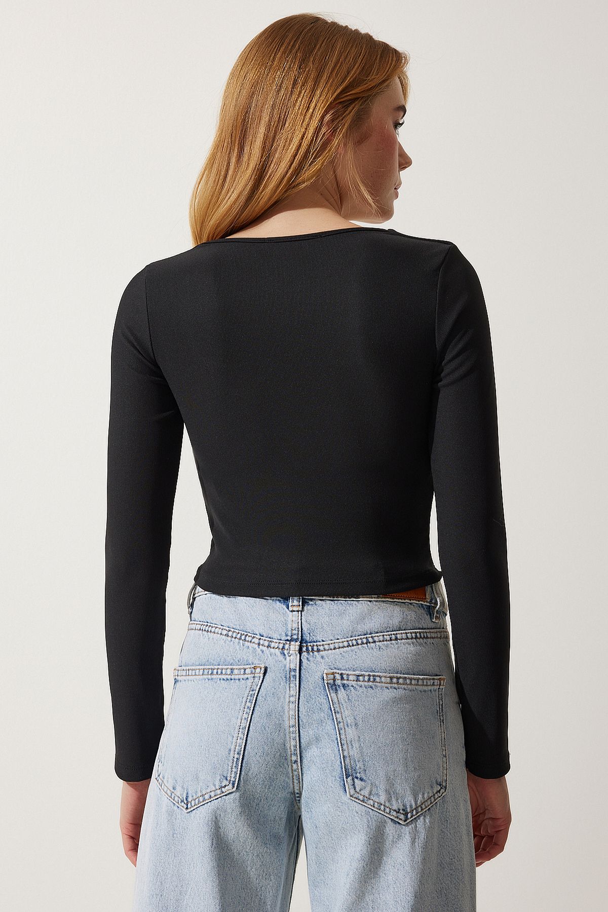 Siyah Kare Yaka Fitilli Crop Örme Bluz AN00176
