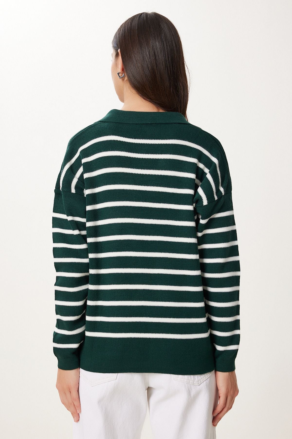 Koyu Yeşil Polo Yaka Crop Triko Kazak  US00293
