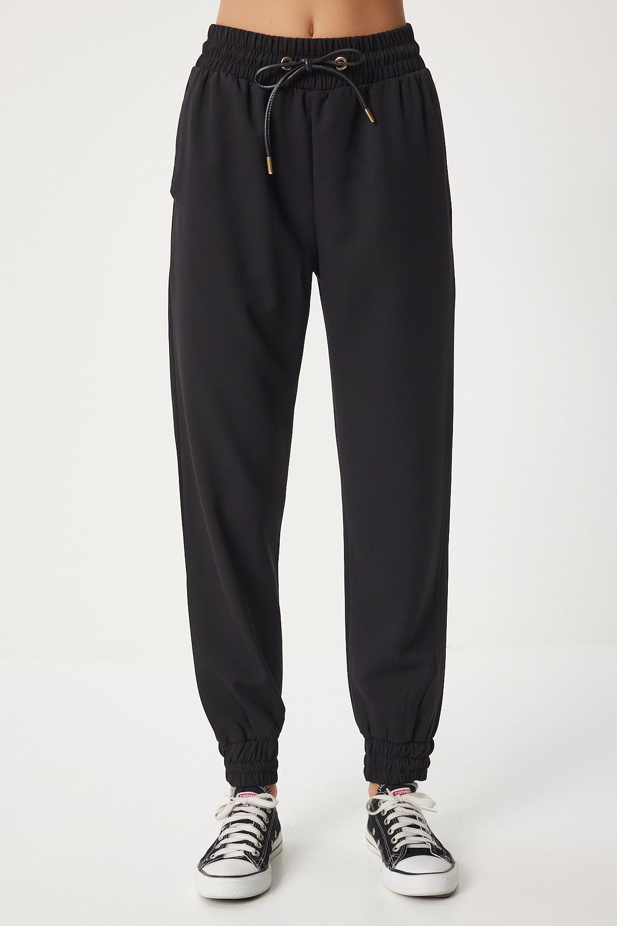 Siyah Kordon Kemerli Dokuma Jogger Eşofman Pantolon DD01341