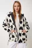 Ekru Siyah Kalpli Kapüşonlu Oversize Peluş Mont RI00001