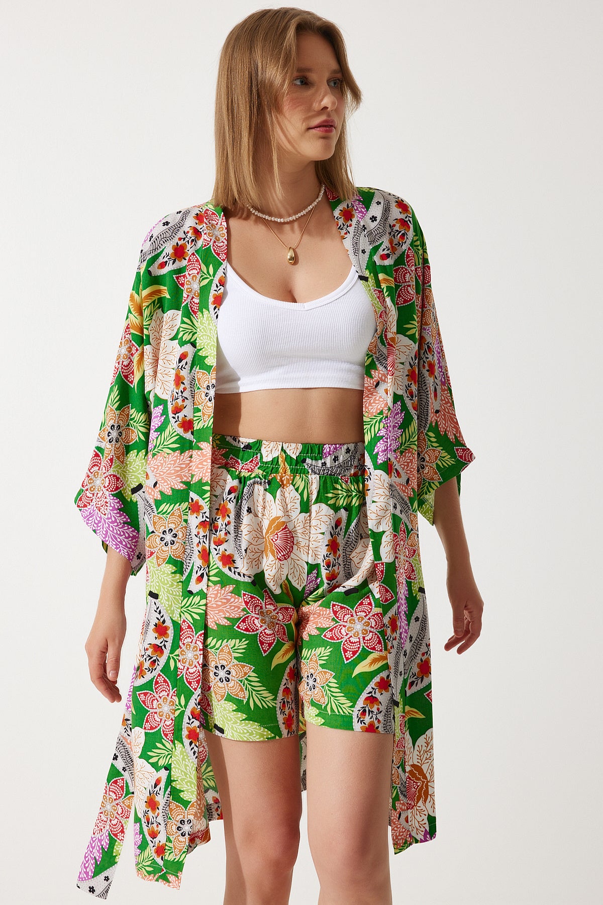 Yeşil Yazlık Viskon Kimono Şort Takım BP00161